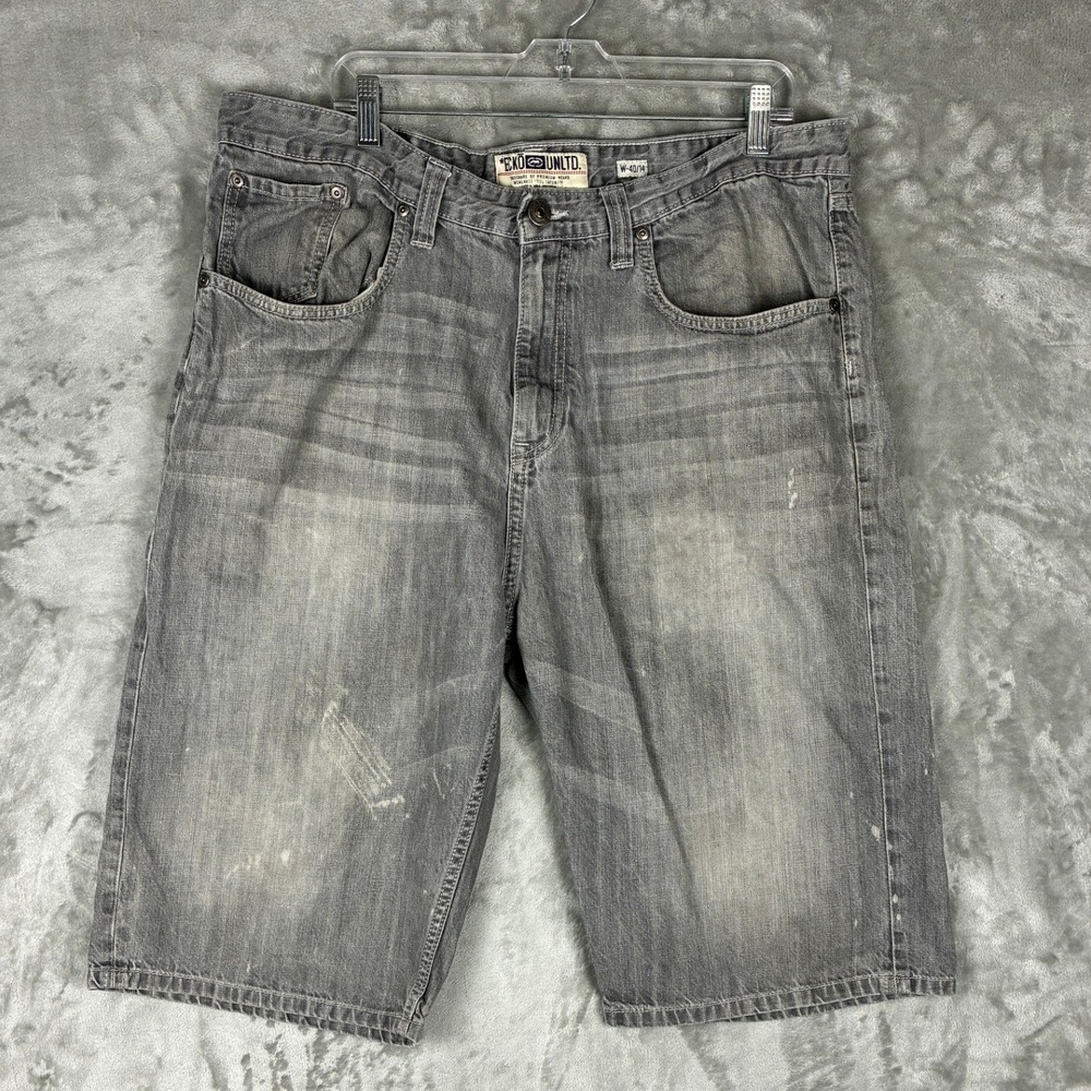 Ecko Unltd Men Grey Denim Shorts Relaxed Fit W40 L14 Y2K Streetwear Skater Baggy